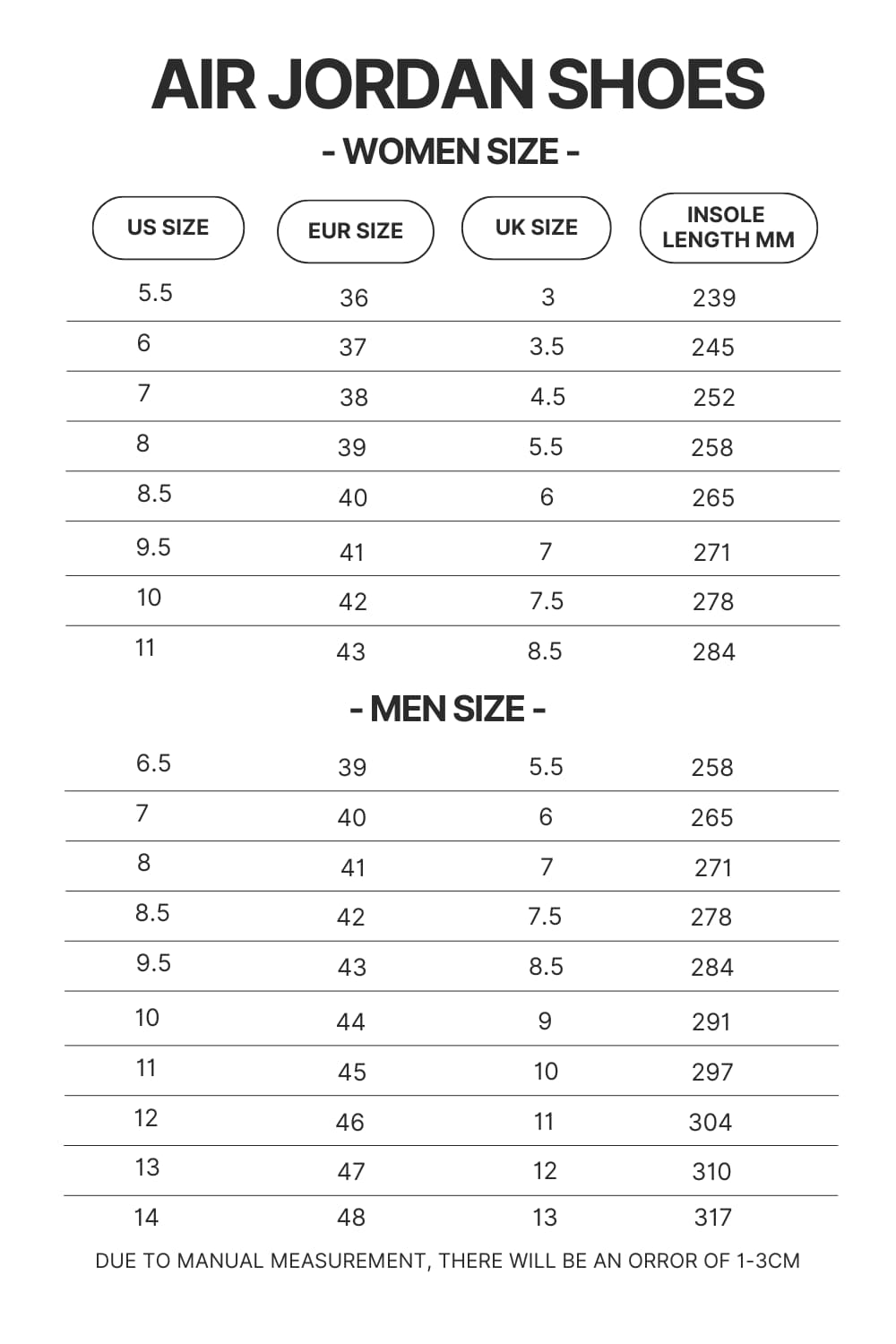 Air Jordan Shoes Size Chart - My Hero Academia Gifts