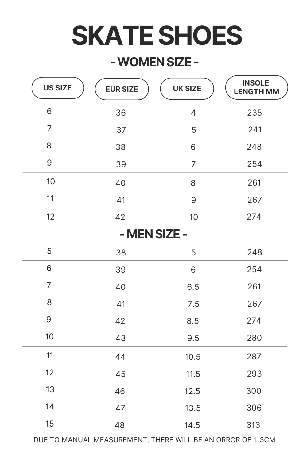 Skate Shoes Size Chart - My Hero Academia Gifts